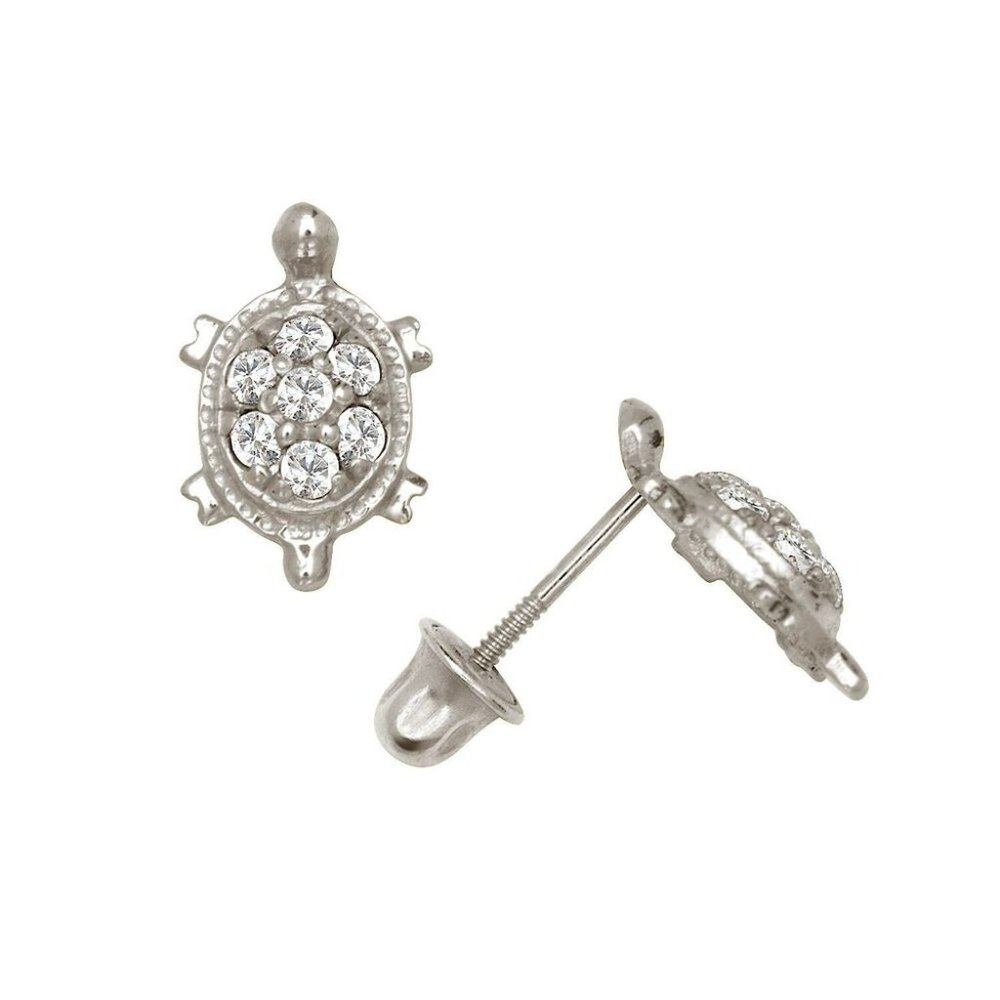14k Solid White Gold Birthstone Turtle Screw Back… - image 1